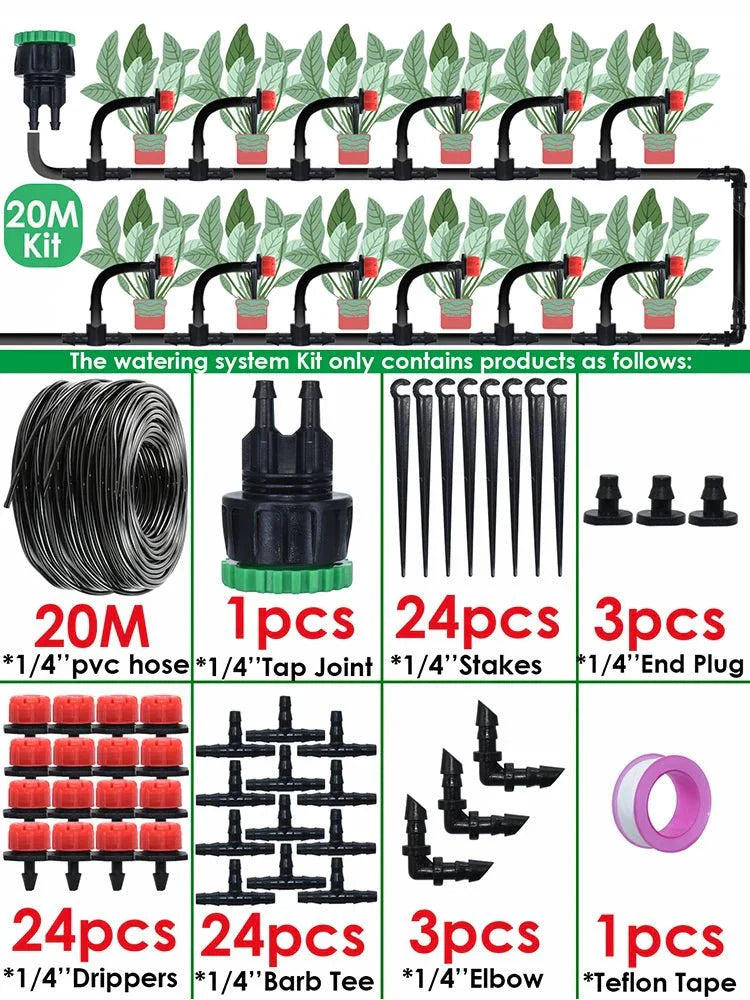 Kit de Irrigação por Gotejamento Automático com Bicos para Lavoura, Bonsai, Plantas, Flores, Vegetais e Estufas