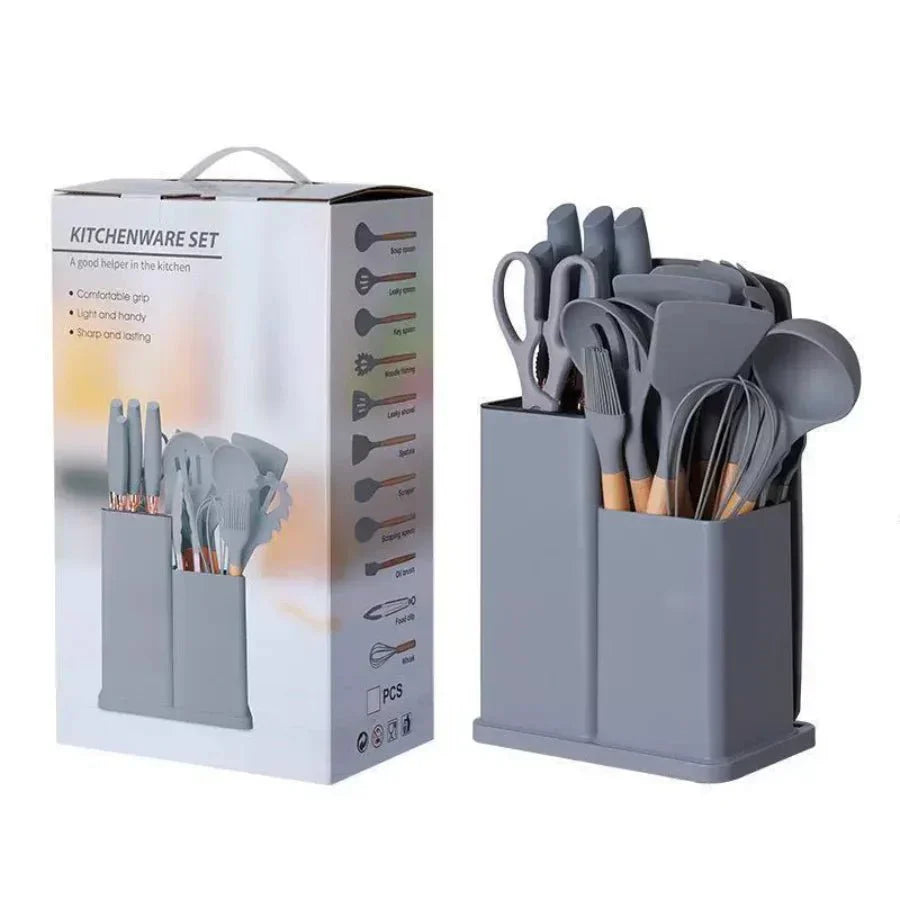 Kitchen Set Lux - Conjunto de Utensílios de Cozinha 19 Peças - Antiaderente com Cabos de Madeira