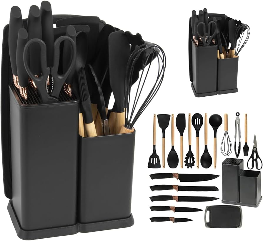 Kitchen Set Lux - Conjunto de Utensílios de Cozinha 19 Peças - Antiaderente com Cabos de Madeira