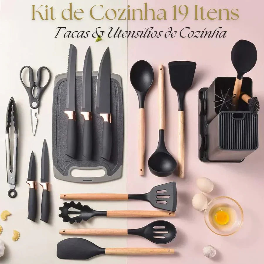 Kitchen Set Lux - Conjunto de Utensílios de Cozinha 19 Peças - Antiaderente com Cabos de Madeira